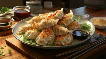 délicieux gyoza de chinois Japonais et coréen cuisine, un de le les types de Dumplings sur une assiette photo