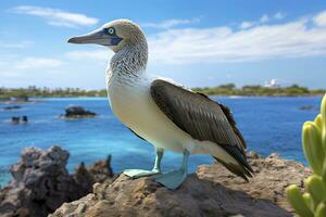 le rare à pieds bleus nigaud repose sur le plage. ai généré photo