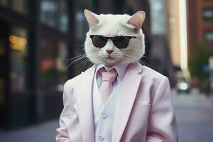 une chat est portant des lunettes de soleil, costume et permanent sur rue. ai généré photo