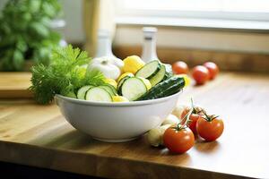 cuisine encore la vie avec blanc bol de lavé des légumes sur en bois bureau. ai généré photo