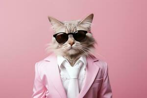 une chat est portant des lunettes de soleil et costume sur rose Contexte. ai généré photo