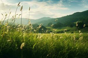 magnifique Naturel campagne paysage. vert collines et épanouissement sauvage haute herbe dans la nature à le coucher du soleil chaud été. pastorale paysage. photo