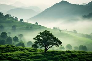 Montagne forêt dans brouillard et des nuages. aérien vue de plus de vert collines avec blanc brouillard, des nuages et arbre. photo