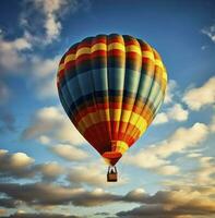 chaud air ballon plus de le bleu ciel Contexte. composition de nature, 3d illustration, ai généré photo