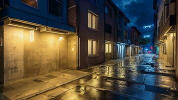 après le pluie monotone bâtiments sur un vide nuit rue baigné dans brillant lumières photo