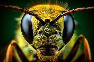 extrême fermer de microscopie une abeille portrait avec plein de cheveux, isolé sur vert la nature Contexte. photo