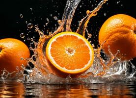 Orange des fruits chute dans le l'eau éclaboussures ai génératif photo