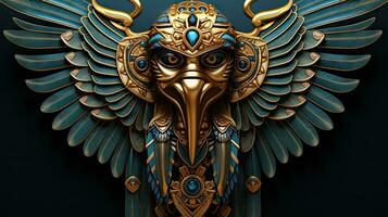 fantaisie égyptien pharaon déesse avec d'or ailes sur une noir Contexte. photo