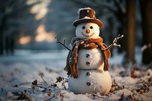 bonhomme de neige dans joyeux hiver pays des merveilles avec couvert de neige des arbres arrière-plan, idéal pour vacances salutation cartes et saisonnier décorations, généré par ai photo