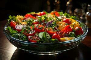 végétalien salade bol, Frais et coloré Ingrédients pour monde végétalien journée fête, en bonne santé gourmet cuisine présentation avec délicieux ingrédients, généré par ai photo