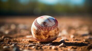 une fermer vue de base-ball sur bien maintenu infield craie ligne dans Extérieur des sports champ, fermer vue avec riches marron et blanc contraste, brouillé arrière-plan, généré par ai photo