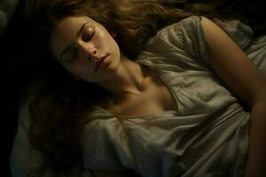 Jeune femme en train de dormir dans lit à confortable maison. produire ai photo