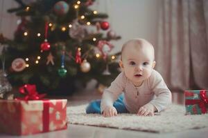 content bébé enfant près une Noël arbre décoré avec jouets avec Nouveau années cadeaux. ai généré. photo
