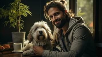 portrait de une Beau barbe Jeune homme avec le sien chien à maison. photo