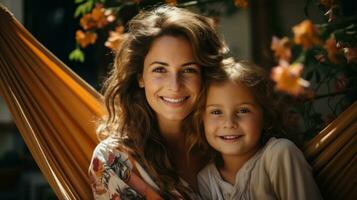 portrait de mère et fille relaxant dans hamac à maison. photo