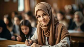 portrait de musulman femelle étudiant séance à le table dans Salle de classe. photo