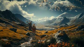 fantaisie paysage avec montagnes et astronaute sur un autre planète avec vie. photo