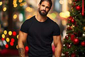 homme portant Vide noir T-shirt Noël noir chemise maquette , établi avec génératif ai La technologie photo