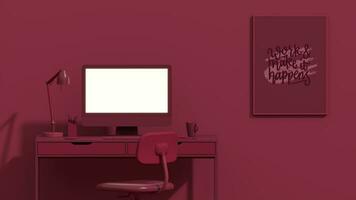 viva magenta est une tendance Couleur année 2023 dans le bureau. affaires travail en équipe concept. employé travail sur ordinateur. là sont bureaux sur le tables.créatives intérieur conception. photo