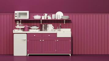 viva magenta cuisine pièce et minimaliste intérieur conception. élégant vivant foncé rose Ton pièce intérieur de moderne appartement et branché meubles Accueil décor, 3d rendre photo