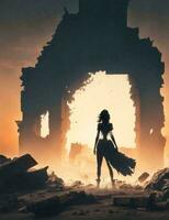 silhouette de une mystérieux femme permanent au milieu de le ruines de un ancien civilisation illustration photo