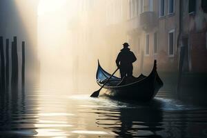 une gondolier gracieusement navigation une canal génératif ai photo