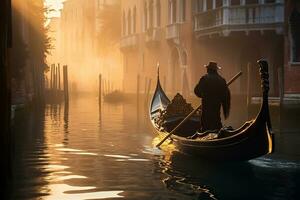 une gondolier gracieusement navigation une canal génératif ai photo