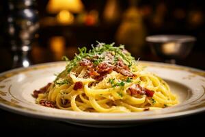 une délicieux assiette de Pâtes carbonara génératif ai photo