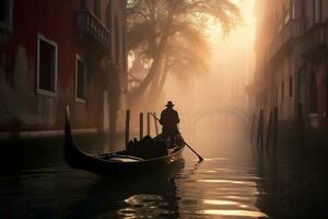 une gondolier gracieusement navigation une canal génératif ai photo