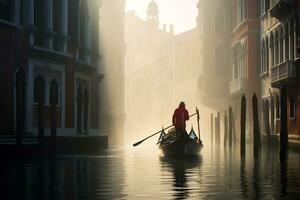 une gondolier gracieusement navigation une canal génératif ai photo