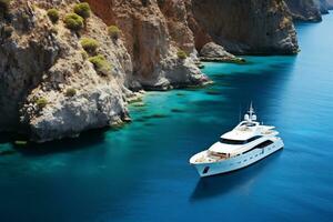 une luxe yacht ancré dans le cristal clair l'eau génératif ai photo