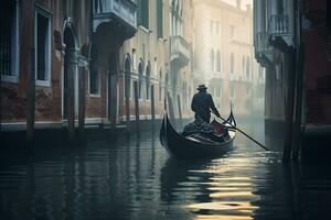 une gondolier gracieusement navigation une canal génératif ai photo