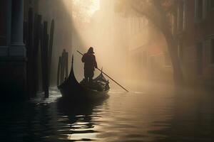 une gondolier gracieusement navigation une canal génératif ai photo