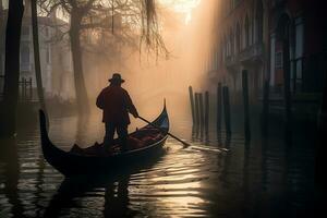 une gondolier gracieusement navigation une canal génératif ai photo