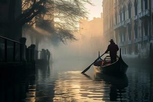 une gondolier gracieusement navigation une canal génératif ai photo