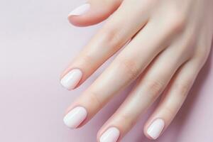 fermer femme main avec doux pastel Couleur clou polonais sur les ongles. clou manucure avec gel polonais à luxe beauté salon. français manucure. clou art et conception. femelle main modèle. génératif ai. photo