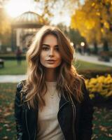 portrait de une glamour Jeune femme dans l'automne. décontractée journée dans parc. ville parc sérénité. Urbain loisir avec content Jeune femme dans Extérieur la nature. beauté femme profiter sa temps dehors. génératif ai. photo