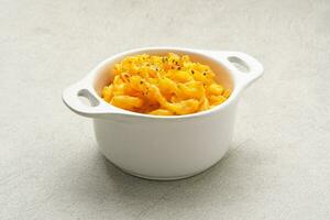 cuit macaroni et fromage sur une blanc bol avec Parmesan et herbes photo