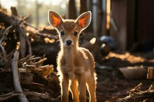 une bébé cerf des stands dans de face de une pile de bois génératif ai photo