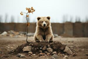 une ours séance sur Haut de une pile de saleté génératif ai photo