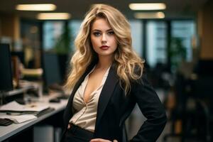 une magnifique blond femme dans une affaires costume posant dans un Bureau génératif ai photo