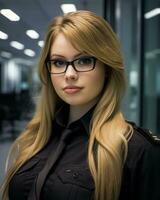 une magnifique blond femme dans des lunettes permanent dans un Bureau génératif ai photo
