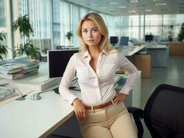une magnifique blond femme séance à une bureau dans un Bureau génératif ai photo