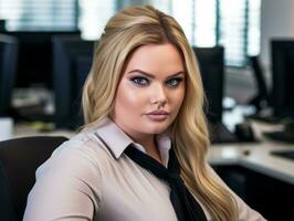 une magnifique blond femme séance à une bureau dans un Bureau génératif ai photo