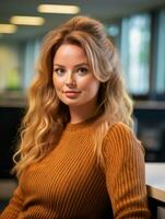 une magnifique blond femme séance à une table dans un Bureau génératif ai photo