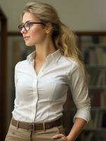 une magnifique Jeune femme dans des lunettes permanent dans de face de une étagère à livres génératif ai photo