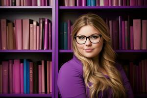 une magnifique Jeune femme portant des lunettes dans de face de une bibliothèque génératif ai photo