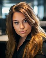 une magnifique Jeune femme avec longue cheveux dans un Bureau génératif ai photo