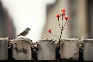 une oiseau est assis sur Haut de une brique mur avec rouge fleurs génératif ai photo