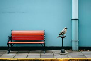 une oiseau séance sur une banc suivant à une bleu mur génératif ai photo